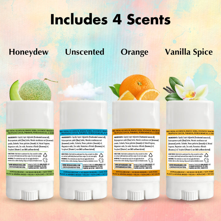 Unscented, Honeydew, Orange, Vanilla Spice scented Kids deodorant.