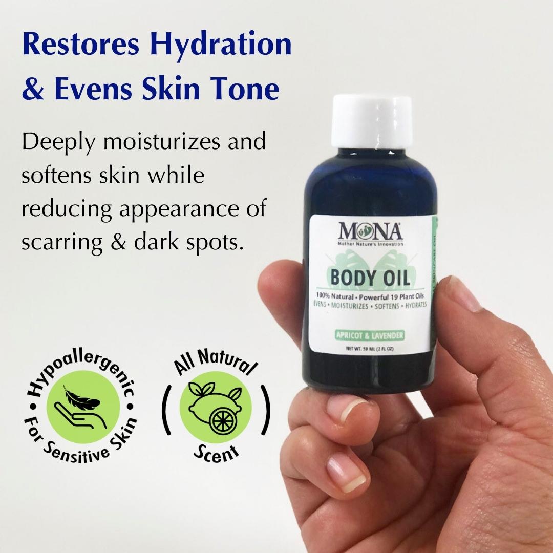 100% Natural Body Oil that restores hydration and evens skin tone. Deeply moisturized and softens skin while reducing appearance of scarring and dark spots.