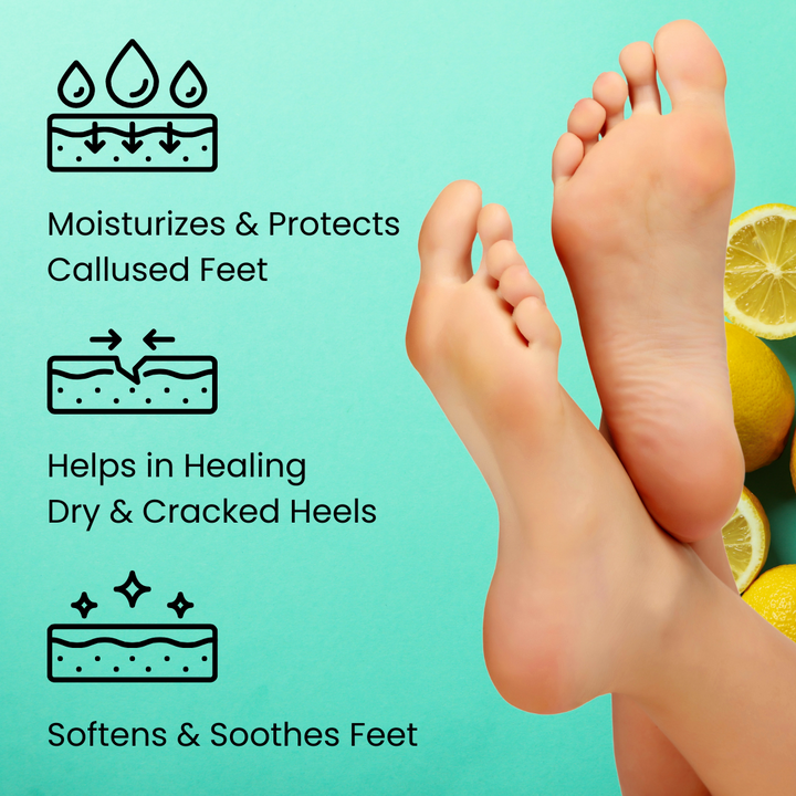 Foot balm that moisturizes and protects callused feet, helps in healing dry and cracked heels, and softens and soothes feet.
