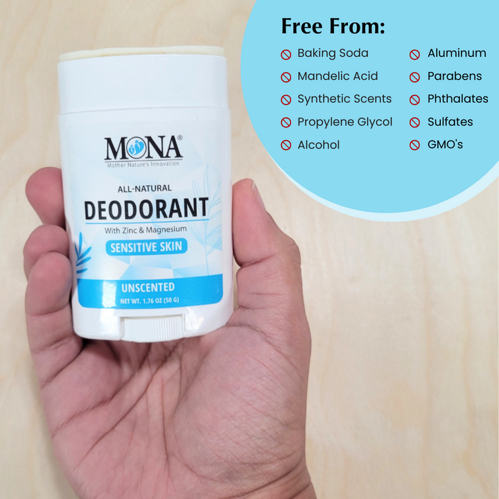 All Natural Deodorant free from baking soda, mandelic acid, synthetic scents, propylene glycol, alcohol, aluminum, parabens, phthalates, sulfates, and GMOs.