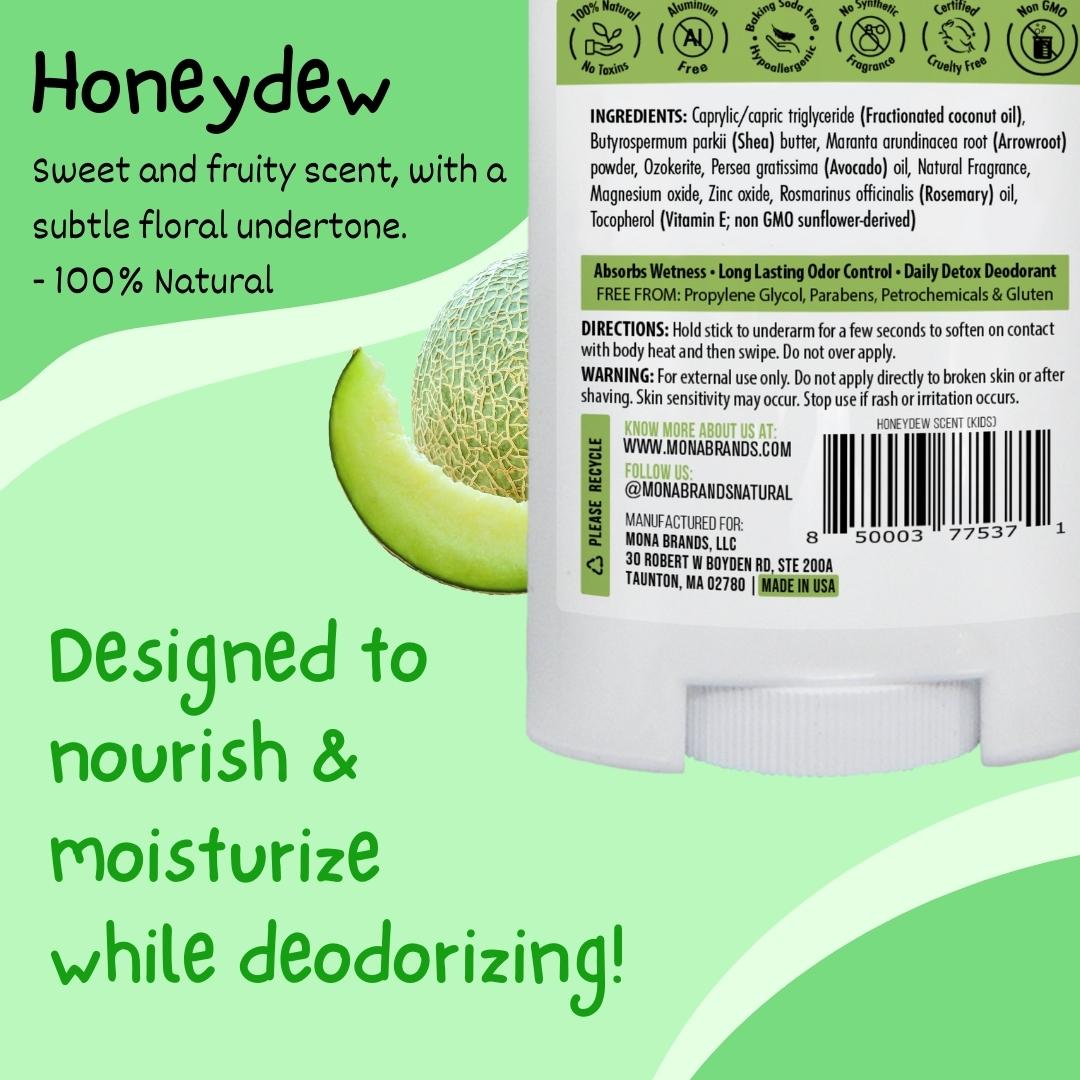 100% Natural Sweet and Fruity Honeydew scented kids deodorant.  Designed to nourish and moisturize while deodorizing. 
