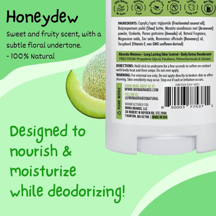 100% Natural Sweet and Fruity Honeydew scented kids deodorant.  Designed to nourish and moisturize while deodorizing.
