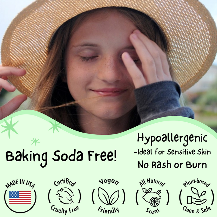 Baking Soda Free, Hypoallergenic, Cruelty Free, Vegan, All Natural, Plant Based, Made in USA deodorant. 