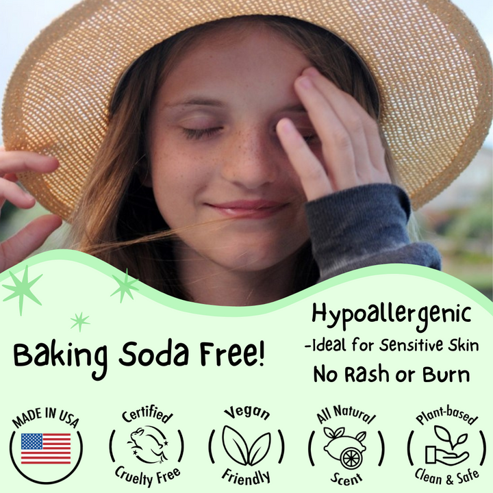 Baking Soda Free, Hypoallergenic, Cruelty Free, Vegan, All Natural, Plant Based, Made in USA deodorant.