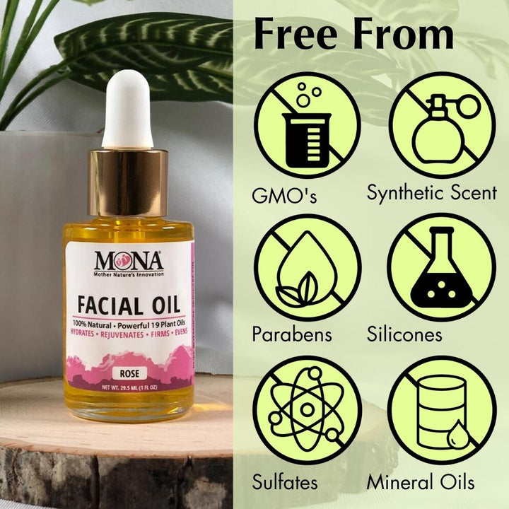 All natural facial oil free from GMOs, synthetic scents, parabens, silicones, sulfates, and mineral oils.