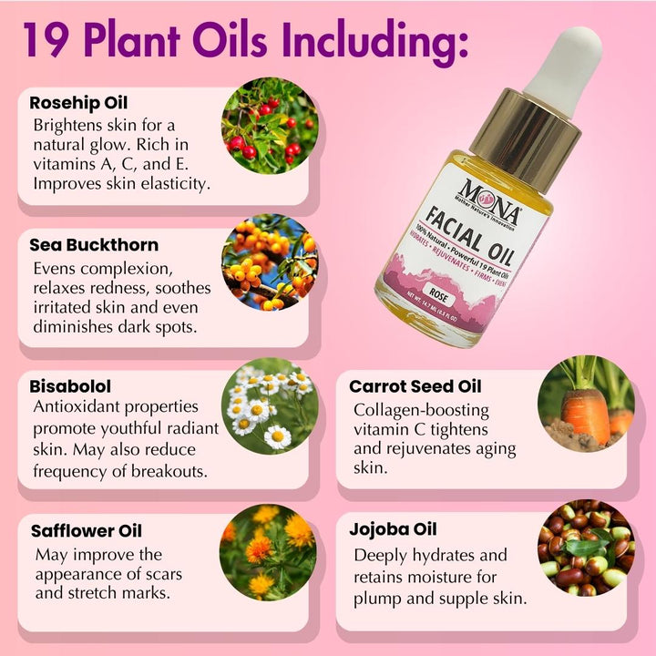 All natural facial oil made with 19 plant oils such as rosehip, sea buckthorn, bisabolol, safflower, carrot seed, and jojoba oil.