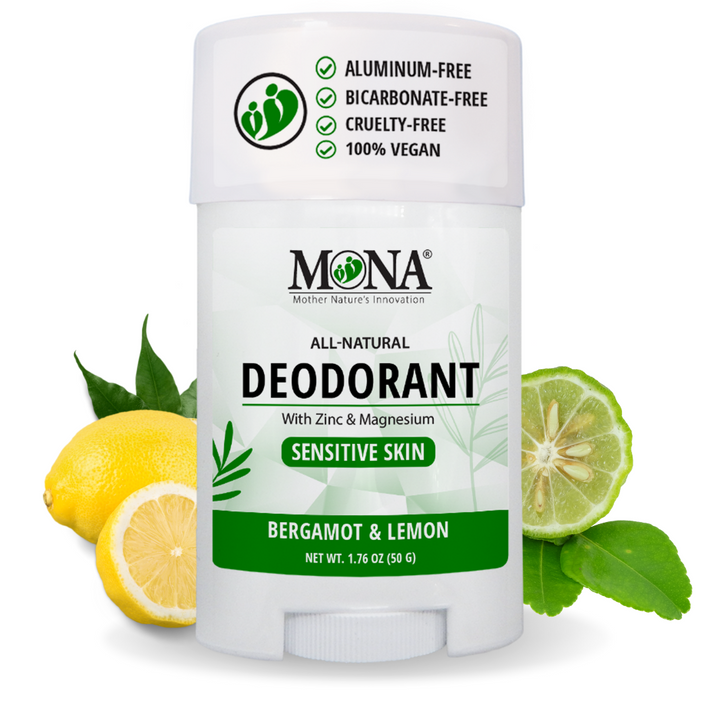 Bergamot and Lemon scented deodorant with zinc and magnesium for sensitive skin. Aluminum and bicarbonate free.
