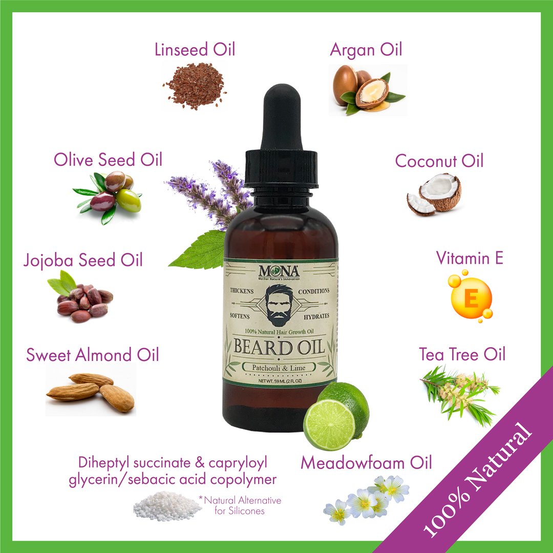 100% Natural Beard Oil. Linseed, argan, olive seed, jojoba, sweet almond, tea tree, meadowfoam, and vitamin E oil. 