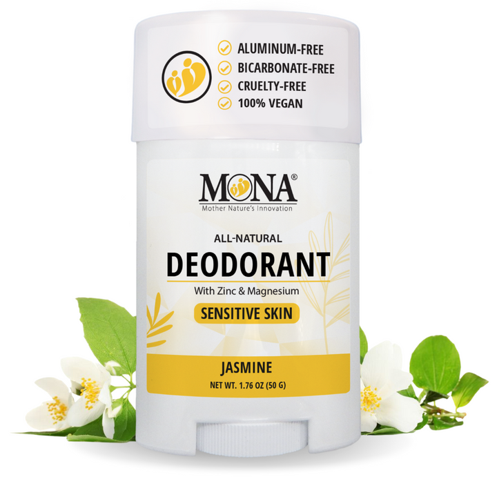 Jasmine scented deodorant with zinc and magnesium for sensitive skin. Aluminum and bicarbonate free.
