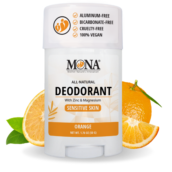 Orange scented deodorant with zinc and magnesium for sensitive skin. Aluminum and bicarbonate free.