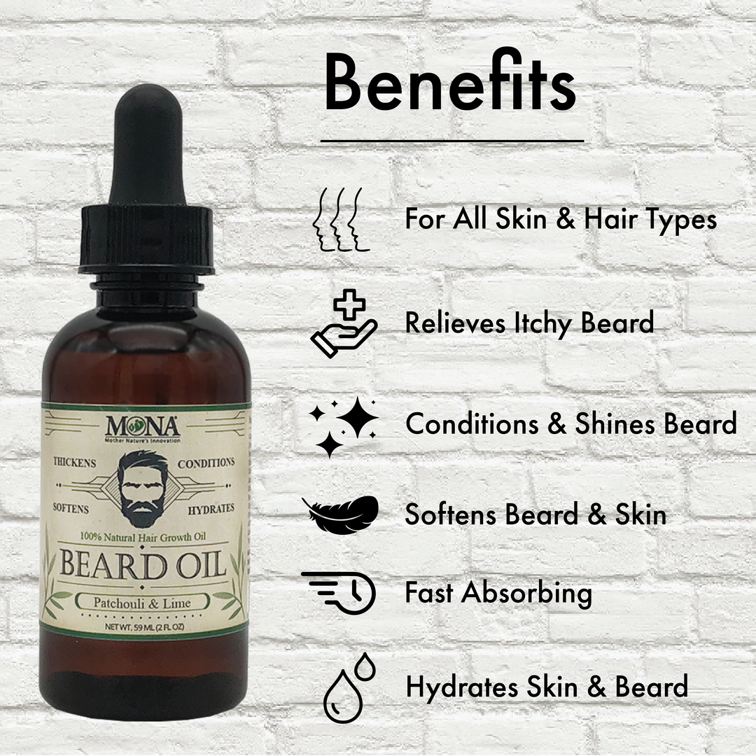 Beard Oil for all skin and hair types, relieves itchy beard, conditions and shines beard, softens beard and skin, fast absorbing, and hydrates skin and beard.