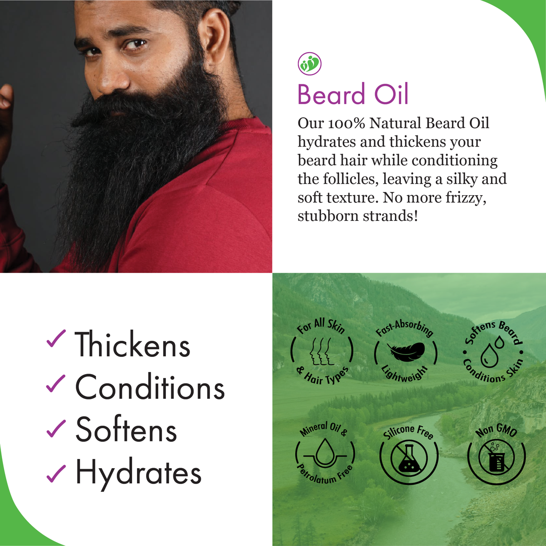 100% Natural Beard Oil that hydrates and thickens your beard hair while conditioning the follicles, leaving a silky and soft texture. No more frizzy and stubborn strands!
