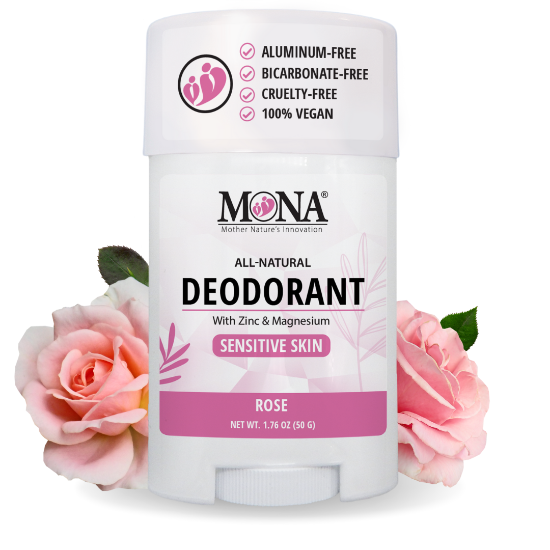 Rose scented deodorant with zinc and magnesium for sensitive skin. Aluminum and bicarbonate free.