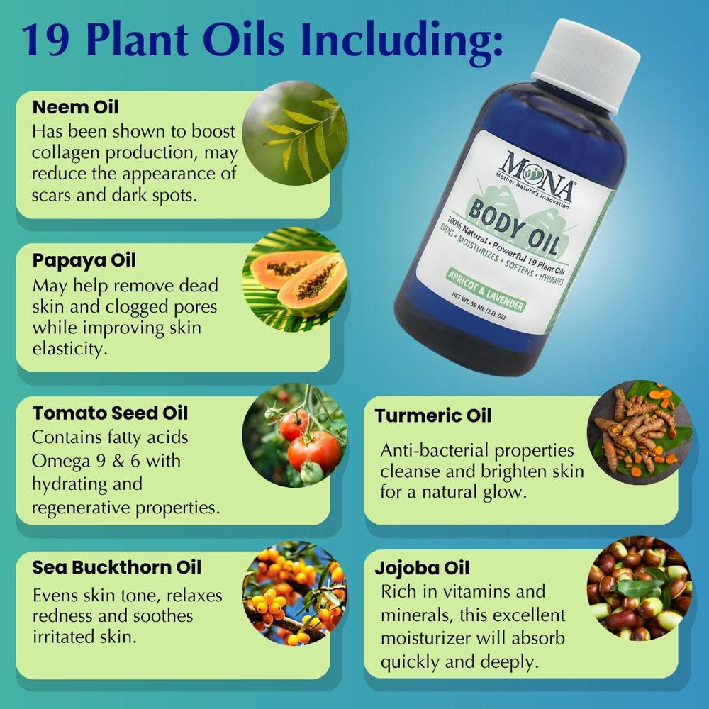 100% Natural Body Oil made of 19 plant oils including neem, papaya, tomato seed, sea buckthorn, turmeric, and jojoba oil. 