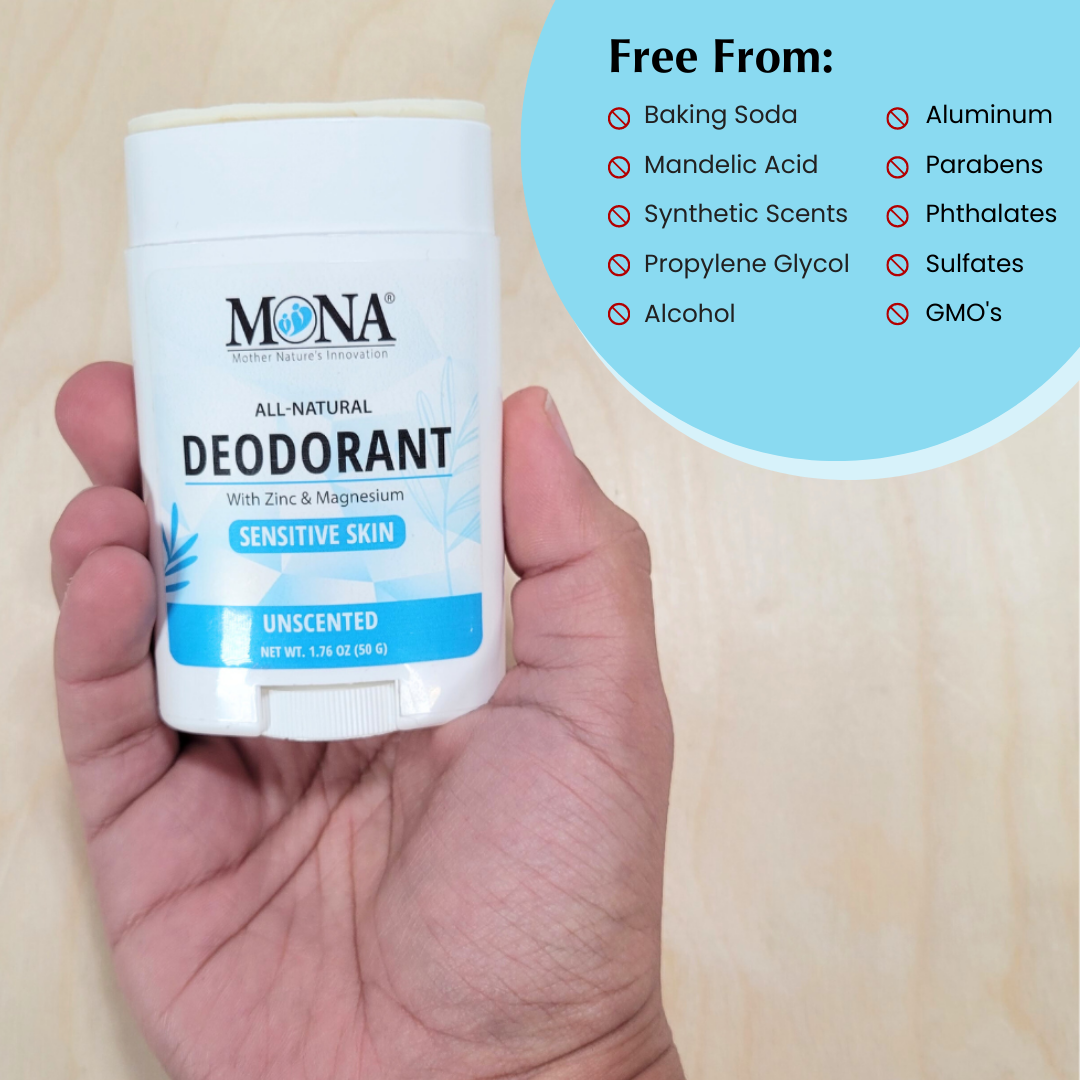 All Natural Deodorant free from baking soda, mandelic acid, synthetic scents, propylene glycol, alcohol, aluminum, parabens, phthalates, sulfates, and GMOs.