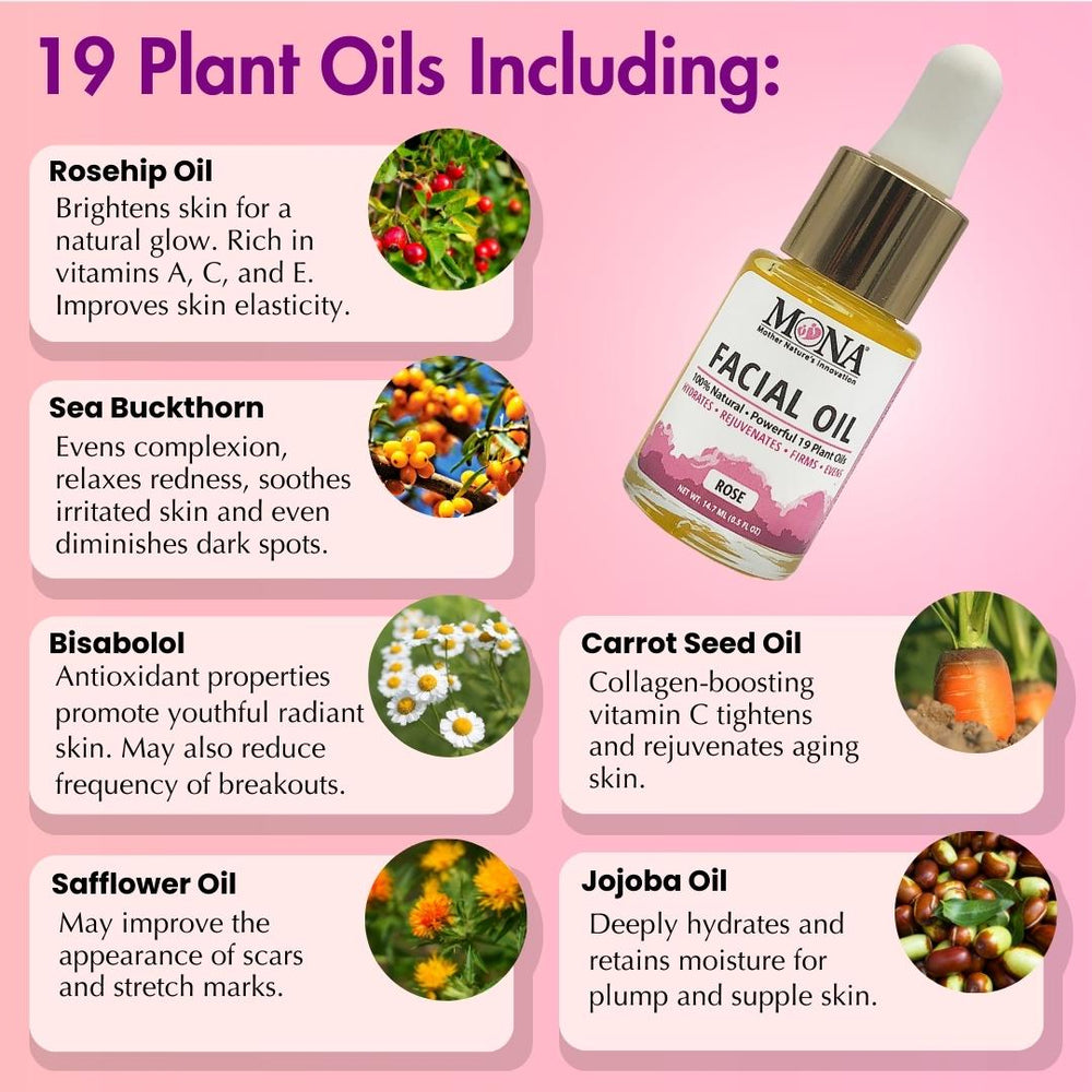 All natural facial oil made with 19 plant oils such as rosehip, sea buckthorn, bisabolol, safflower, carrot seed, and jojoba oil. 